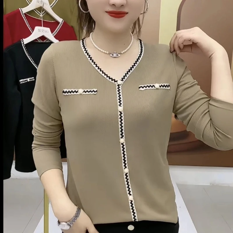 

Spring Autumn New Long Sleeve V Neck Patchwork Contrast Harajuku Tops Solid Loose Casual T Shirts Fashion Vintage Women Clothing