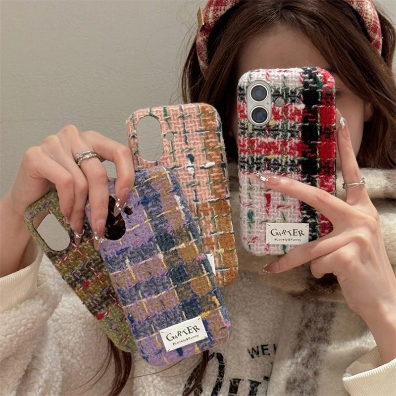 Colorful Wool Plaid Phone Case For iPhone 16 Pro 13 14 15 Pro Max Cover Soft Cute Fabric Cases Women For Apple 15 16 Plush Funda