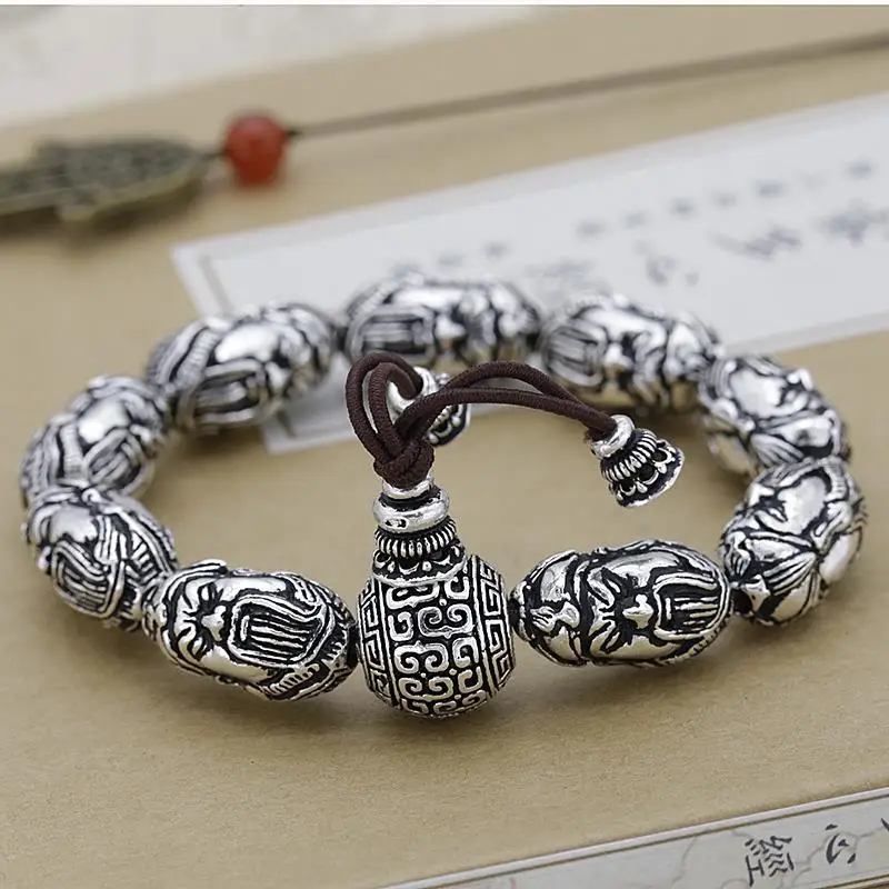 Chinese retro Tibetan silver Guan Gong carved bracelet ethnic wind Miao silver loyalty amulet