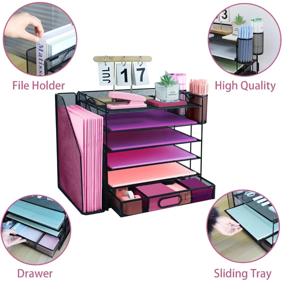 6-Tier Desktop Document Organizer with File Holder Drawer and 2 Pen Holders for Office Supplies Storage Mesh Design for Workspa