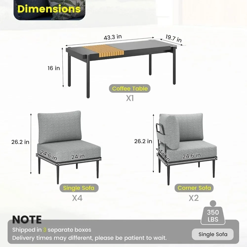 7 Pieces Metal Patio Furniture Set, Outdoor Sectional Sofa w/6 Inch Olefin Cushion, Modern Outdoor Conversation image 2