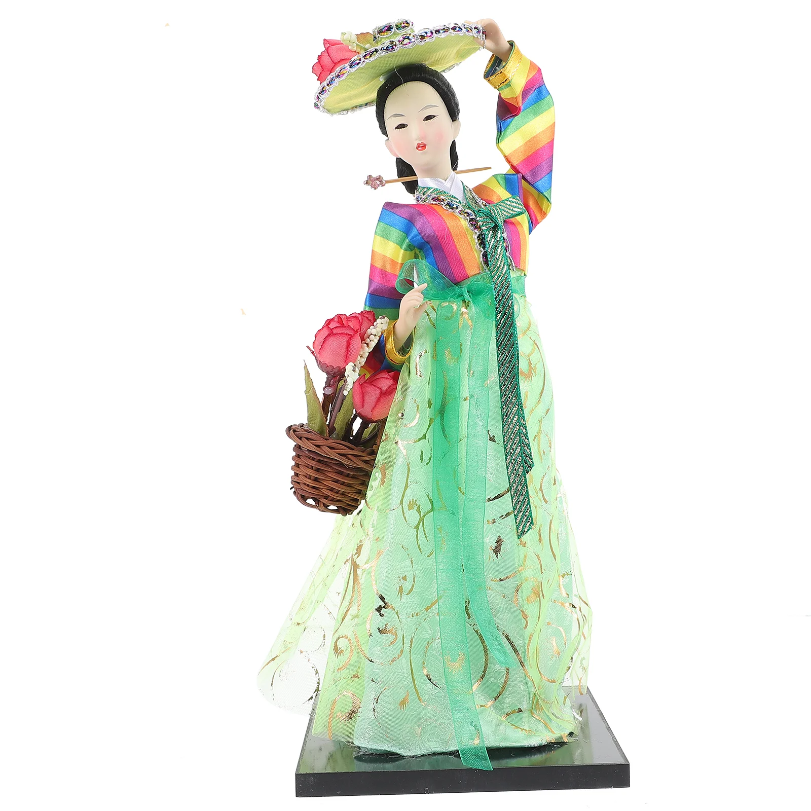 

Korean Hanbok Figurine Silk Plastic Traditional Handcrafted Decoration 12cm Desktop Stable Base Bright Color