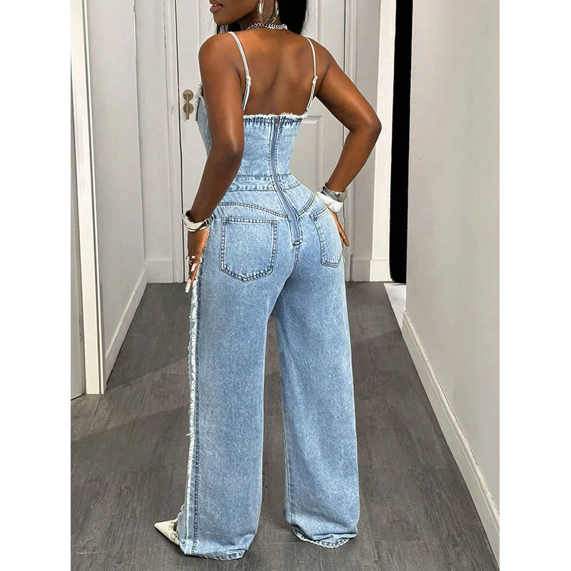 Benuynffy Sexy Spaghetti Strap Denim Jumpsuit Women Streetwear High Waist Backless Zipper Ripped Straight Leg Jeans Jumpsuits view 2