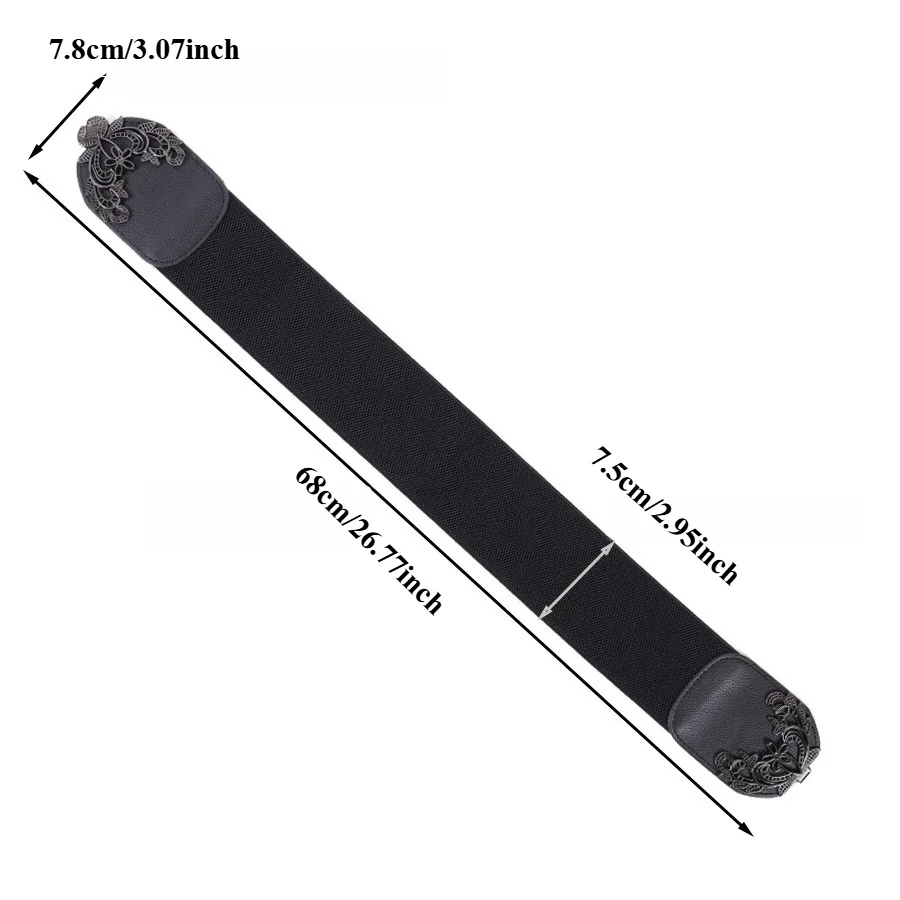 Korean-Style Black Patterned Double-Buckle Decorative Wide Waist Belt for Women Retro Stretchable and Versatile Waist Cincher