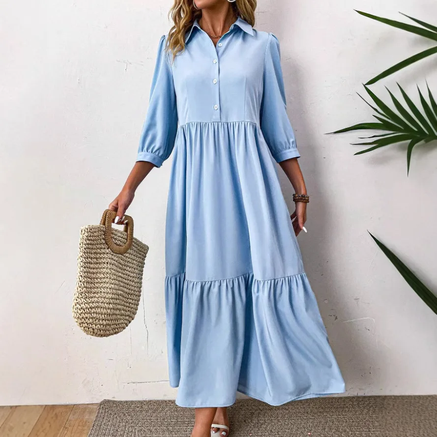 Moda feminina manga comprida solta e estilo de emagrecimento vestido camisa longa senhoras casual cor sólida lapela vestido de deslocamento