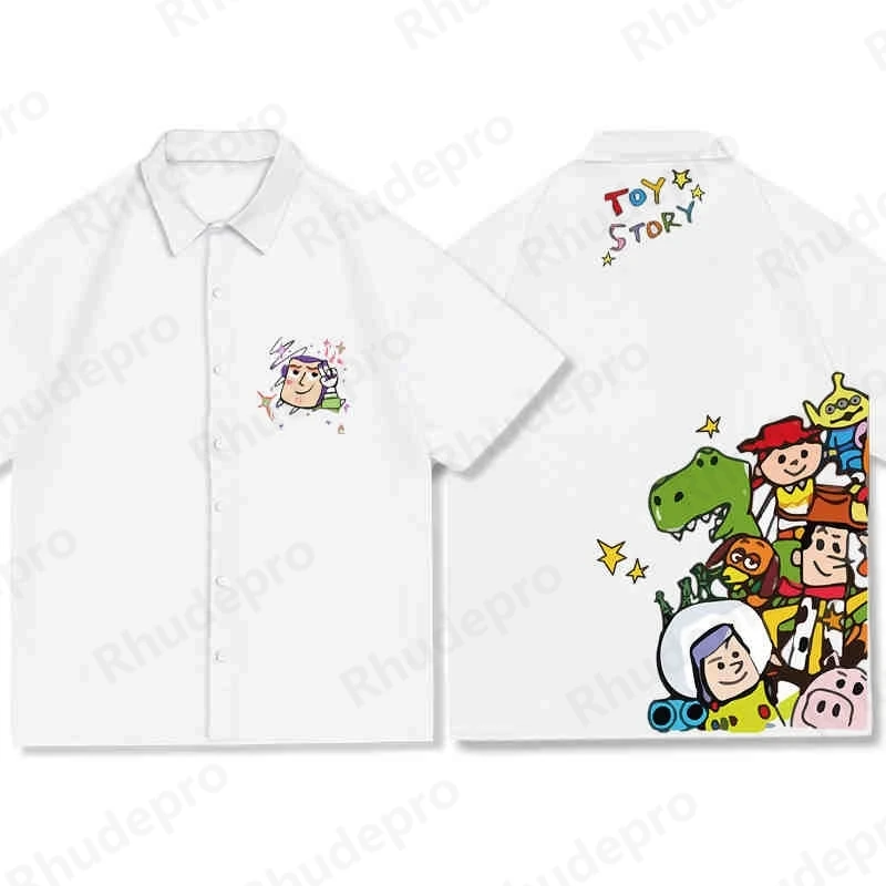 

Disney 2025 New Summer Toy Story Buzz Lightyear Cartoon Casual 3D Printed Short Sleeve Lapel Shirts Slim Fit Men Women Tops