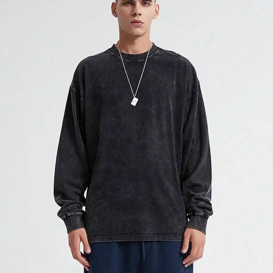 

Mens Oversized Long Sleeve Crewneck Sweatshirt Vintage Acid Wash
