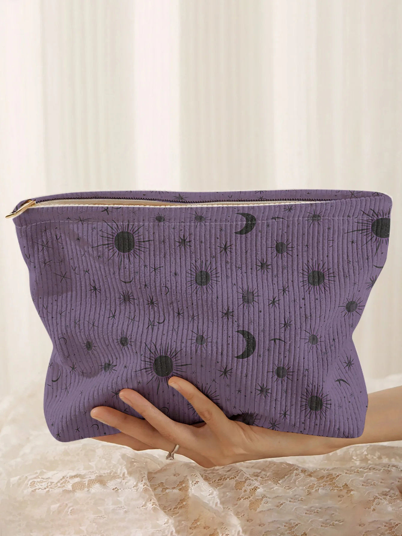 Purple sun moon star printed corduroy makeup bag, lightweight zipper pouch, multifunctional lined cosmetic bag