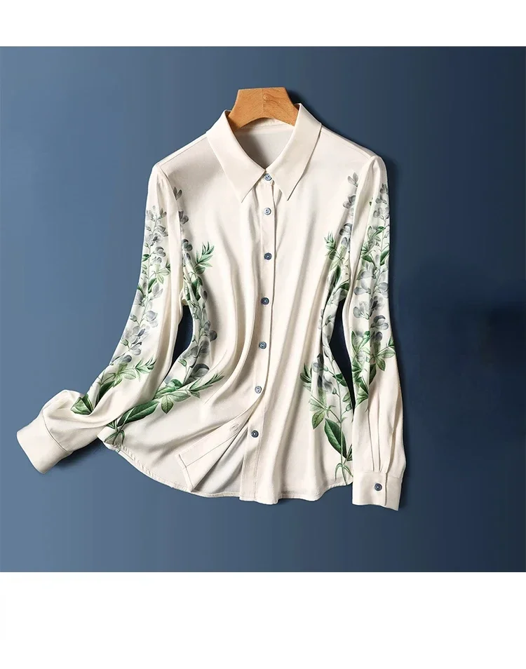 Satin Shirt Women 2024 Summer New  Blouse Long Sleeved Surface Printing Lapel Collar Korean Fashion Loose Top