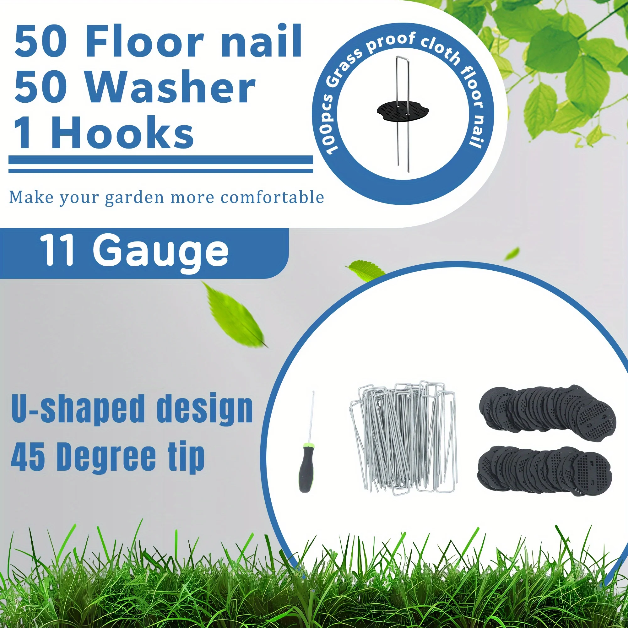 

100Pcs 6*1in Hot Dipped Galvanized 11 Gauge Heavy Duty Weed Fabric Spike Assortment with Spacers and Hooks