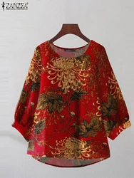 ZANZEA Holiday Round Neck Tops Women Long Sleeve Blouse 2024 Autumn Retro Floral Print Shirts Vintage Office Lady Cotton Chemise