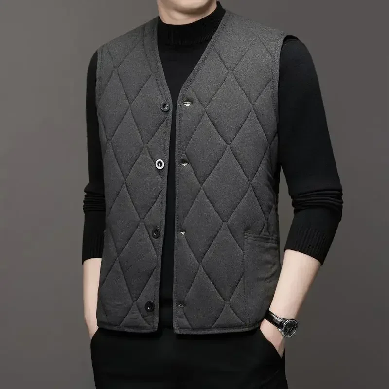 Autumn Winter Waistcoat Men Lamb Fleece Coat Vest Button Cardigans Thicken Warm Solid V-Neck Casual Plaid Jackets