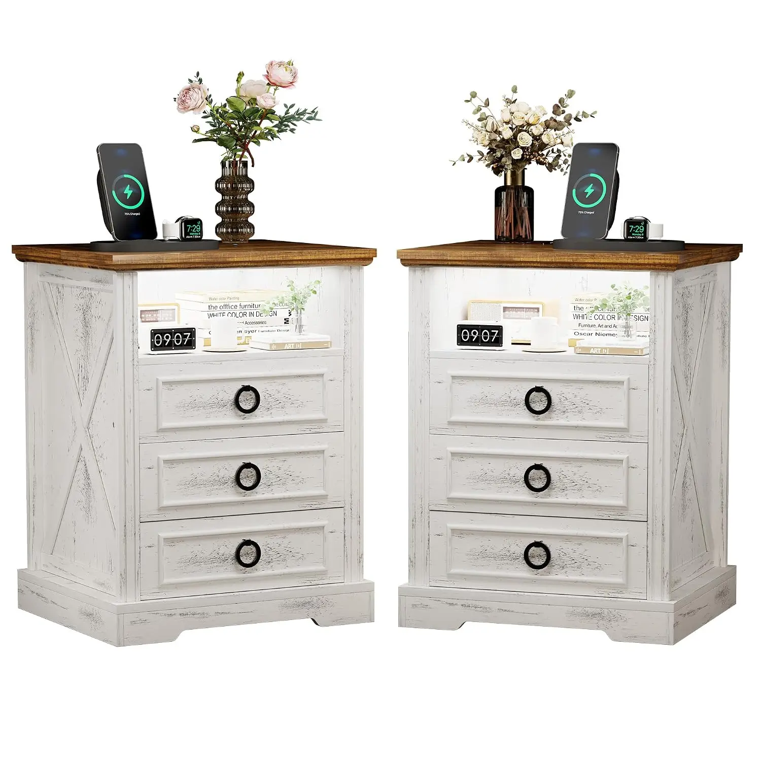Nightstand with 3 Drawers & Charging Station, LED Light & Human Sensor, Open Storage Side Table for Bedroom, White, Customized