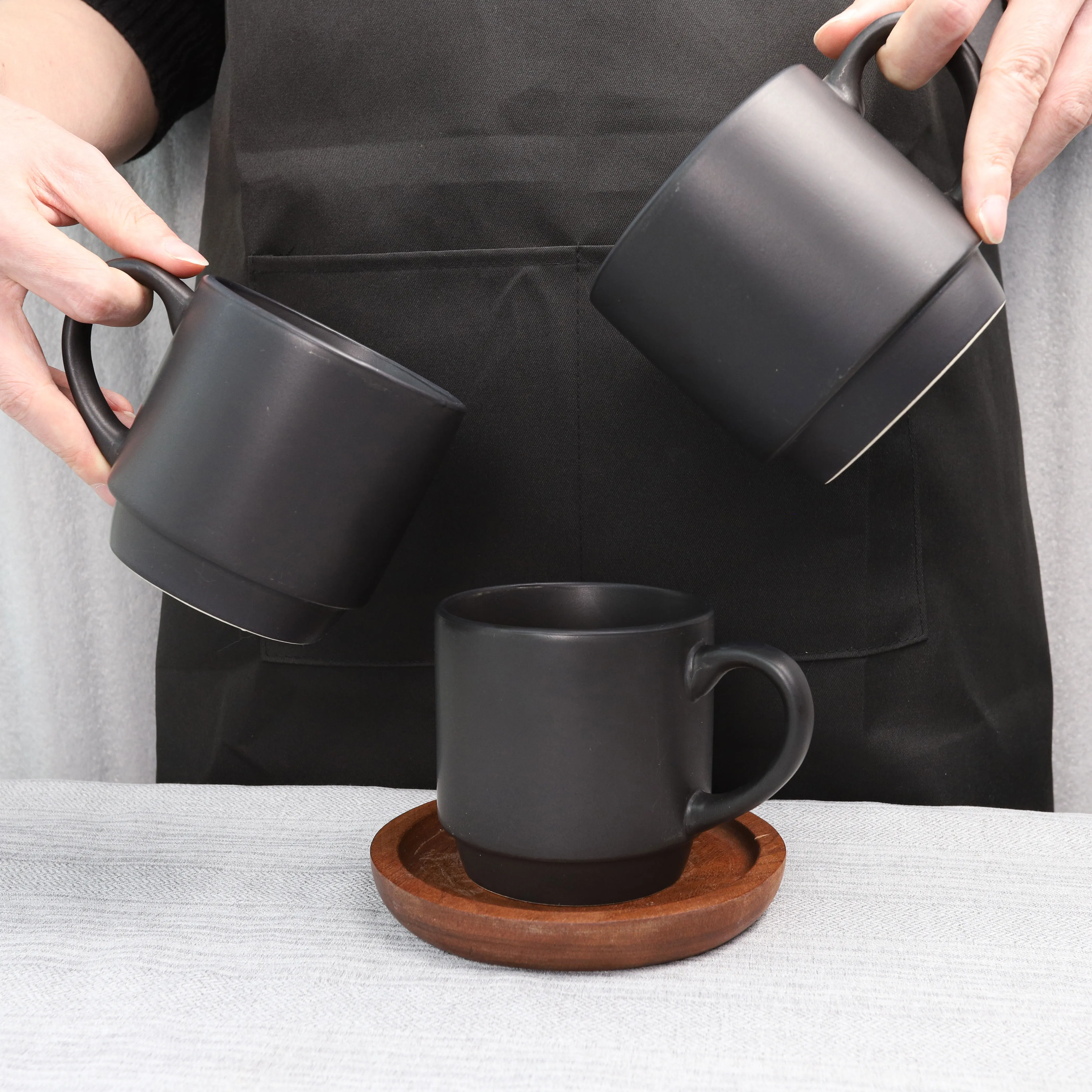 Imagem -04 - Porcelana Canecas com Suporte de Metal Copos Empilháveis Bebidas de Café Cappuccino Conjunto de Chá Americano Preto 14.5 oz