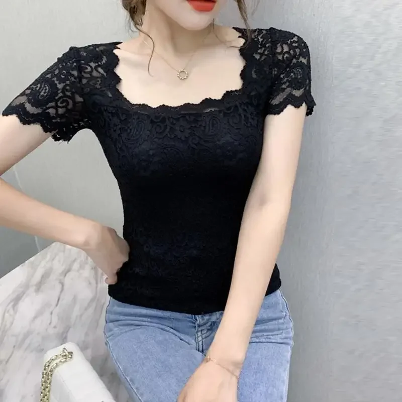 Blouse Women Lace Top Women\'s Short-Sleeved Summer Square Collar Sexy Cutout Shirts Blusas Ropa De Mujer