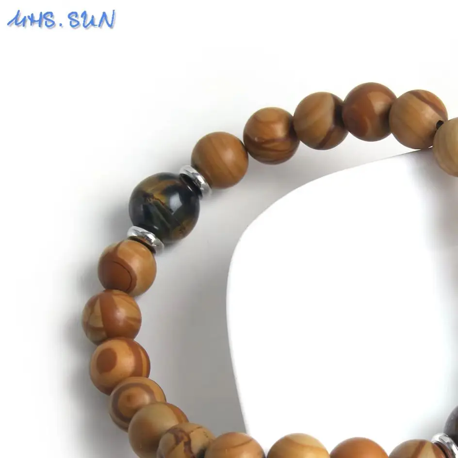 SUNSLL New Arrival Men Wood Grain Stone Beads Bracelet Elastic Rope Stainless Steel Natural Stone Bracelets Daily Jewelry
