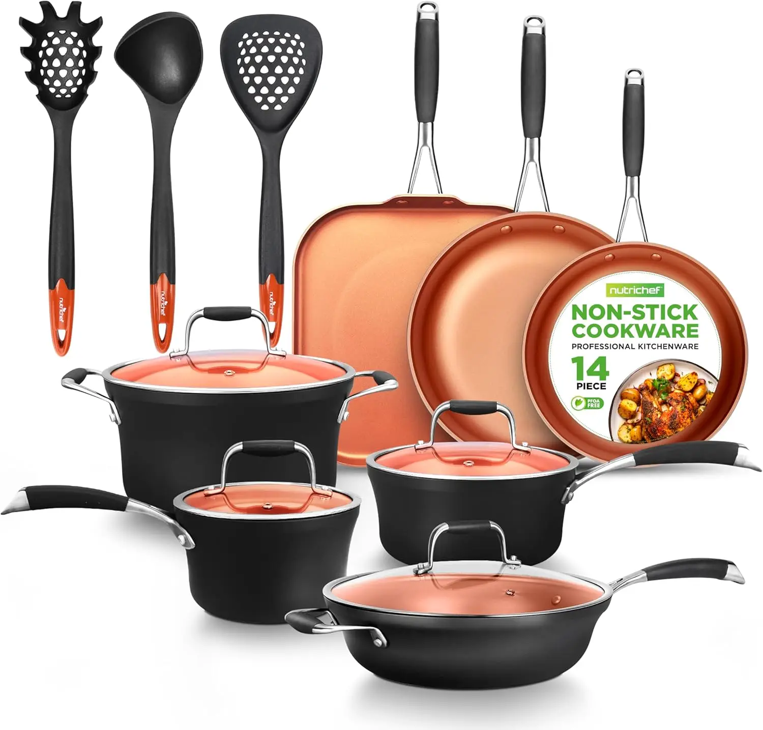 Nutrichef 14-Piece Nonstick Kitchen Cookware Set – Pfoa/Pfos-Free, Copper/Hard-Anodized, Induction Compatible, Stackable,