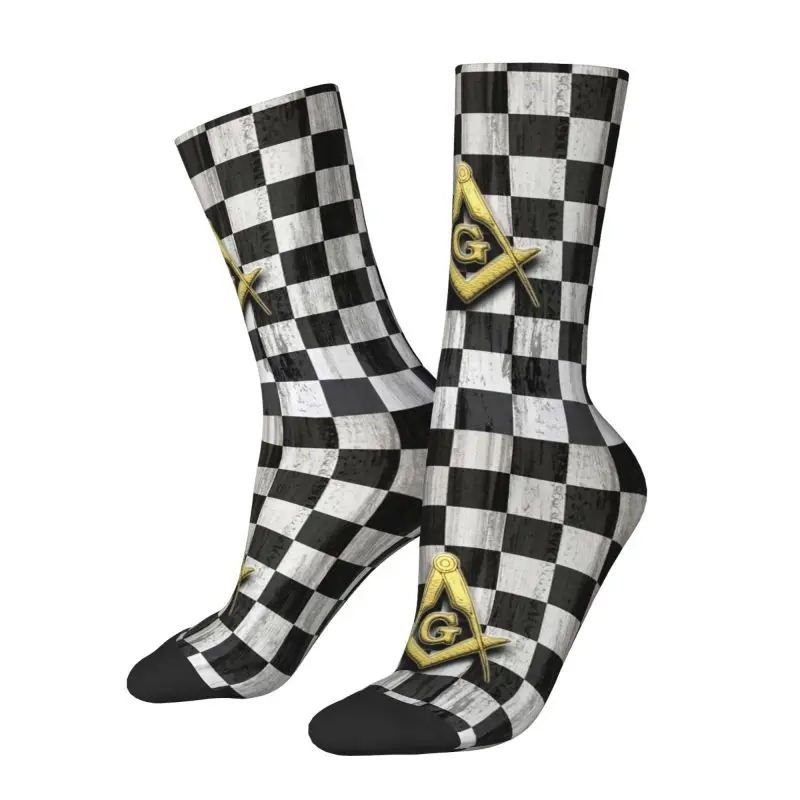 Square Compass And Checkers Dress Socks for Men Women Warm Fashion Masonic Freemason Crew Socks