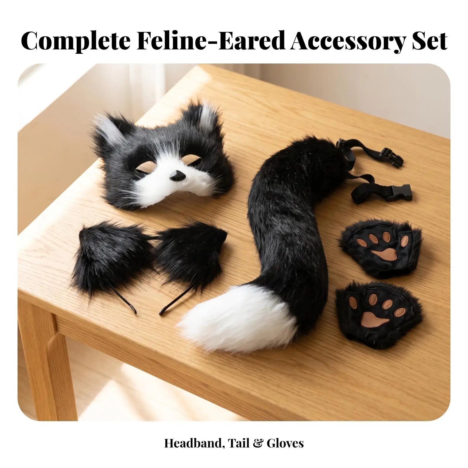 Plush Cat Cosplay Gloves Set with Eye Mask Curved Tail and Paw Covers for Dress Up Fun