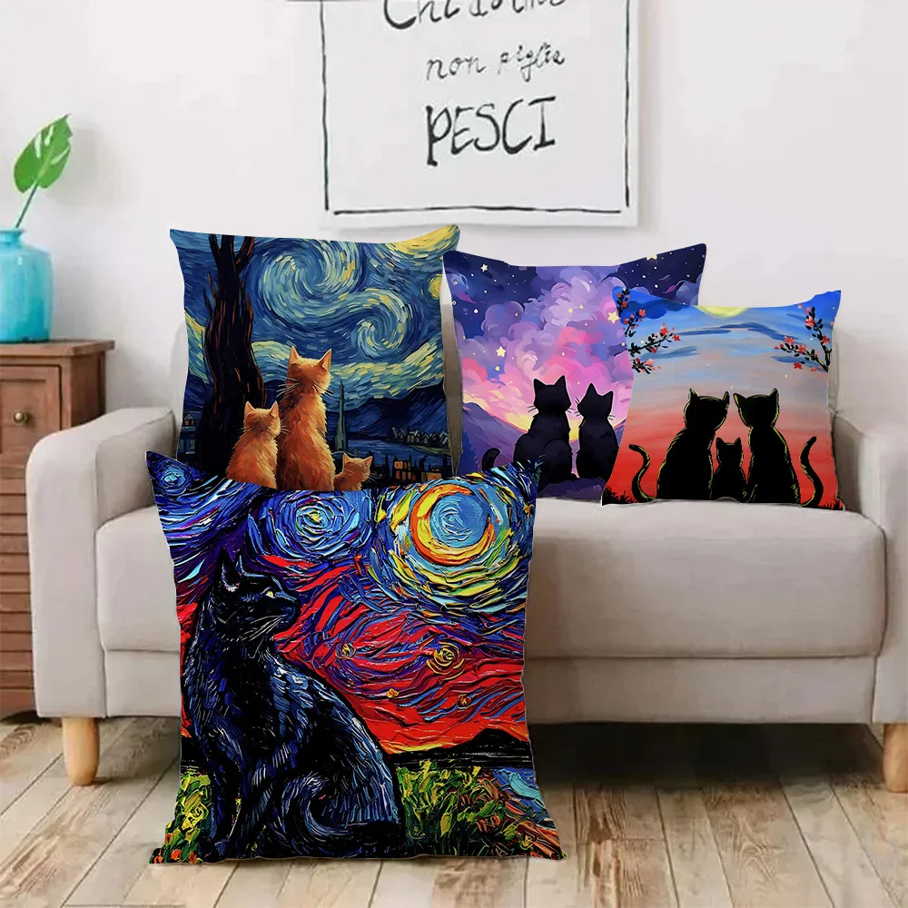 Midnight Cat Pillow Covers Cartoon Sofa Decorative Home Double-sided Printing Short Plush Cute Cushion Cover