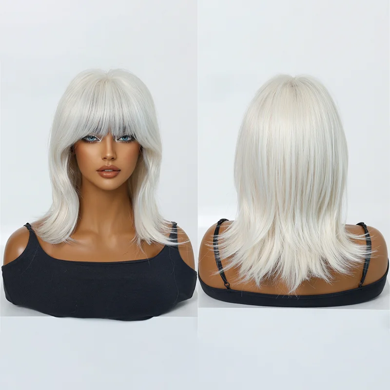 Women's Platinum White Synthetic Wig Shoulder Length Layered Wavy Wig with Bangs Heat Resistant Wig for Daily Party Cosplay