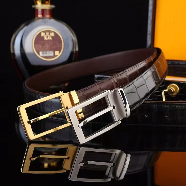 2026 genuine crocodile skin men belt with stainless steel buckle hardware gold/silver 3.8cm width