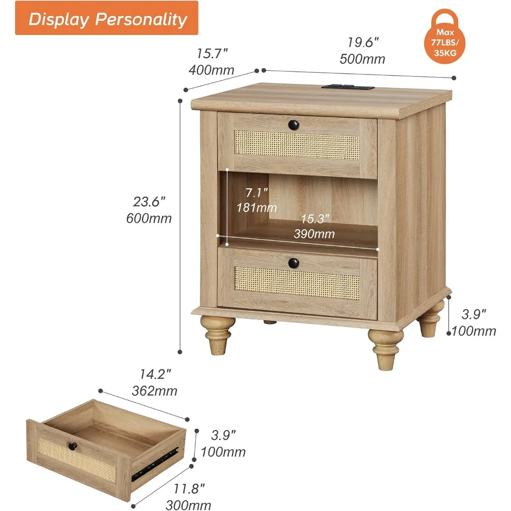 طاولة نهاية من الروطان لمحطة الشحن لغرفة المعيشة، طاولة جانبية للأريكة مدمجة مع أدراج تخزين ورف، ليلة خشبية ريفية