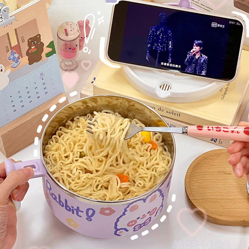 Cuenco de Ramen de acero inoxidable Kawaii con tapa, lindo cuenco grande para fideos instantáneos, ensalada de frutas, arroz, sopa, vajilla de