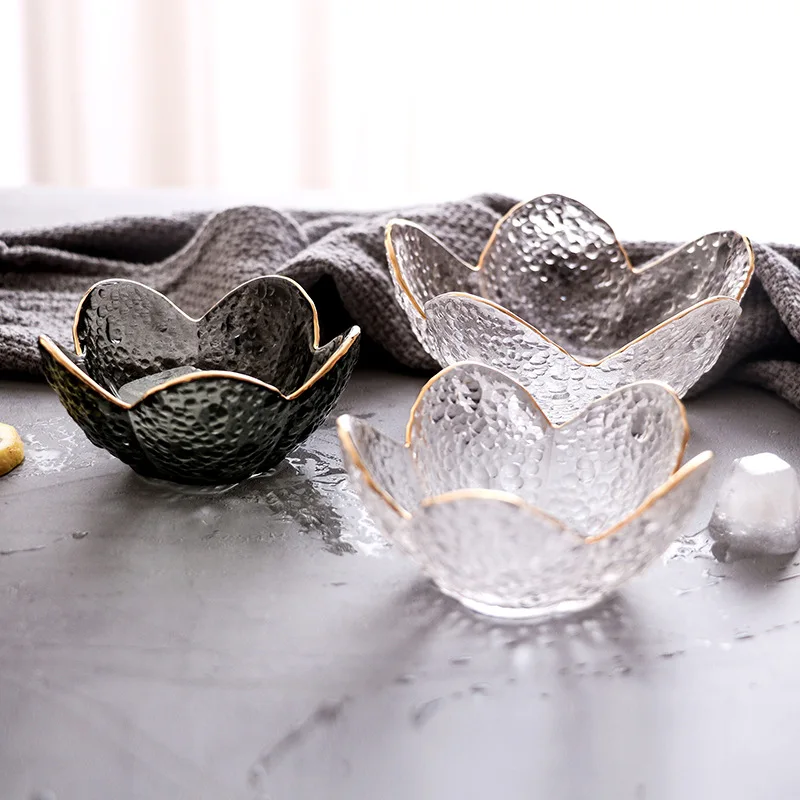 Withered Creative Japanese style smoky gray painted gold petal glass bowl, irregular household glass bowl, fruit bowl, salad bow