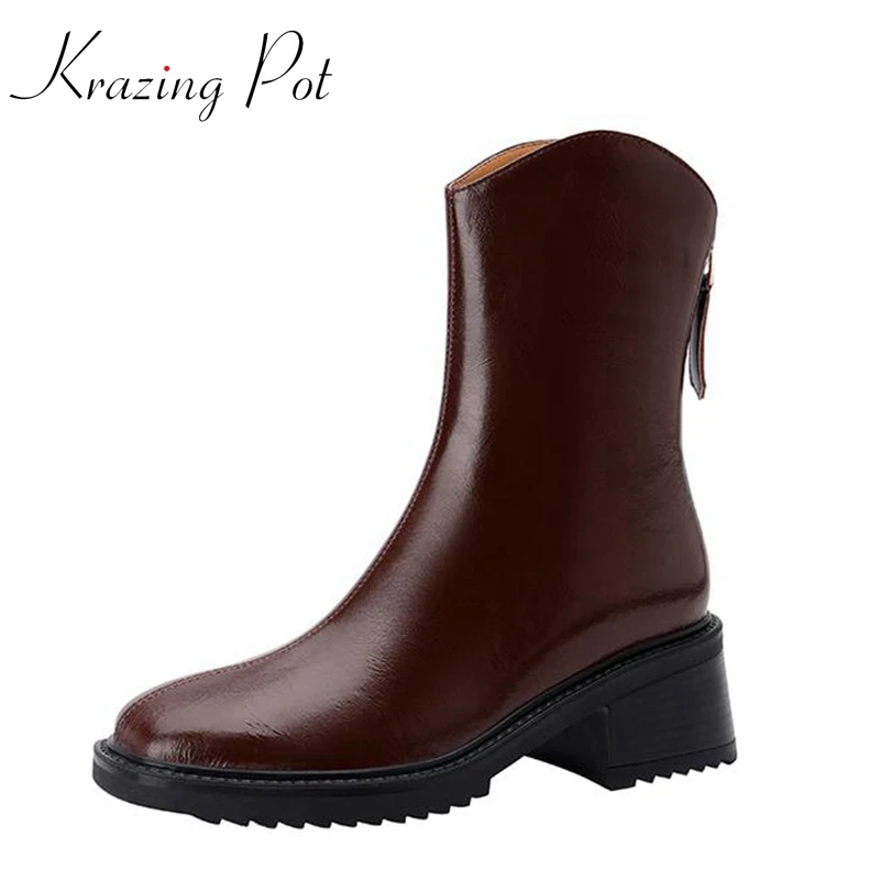 Krazing Pot Cow Leather Round Toe Med Heels Modern Boots Large Size 43 Platform Retro Fashion Simple Style Zipper Ankle Boots