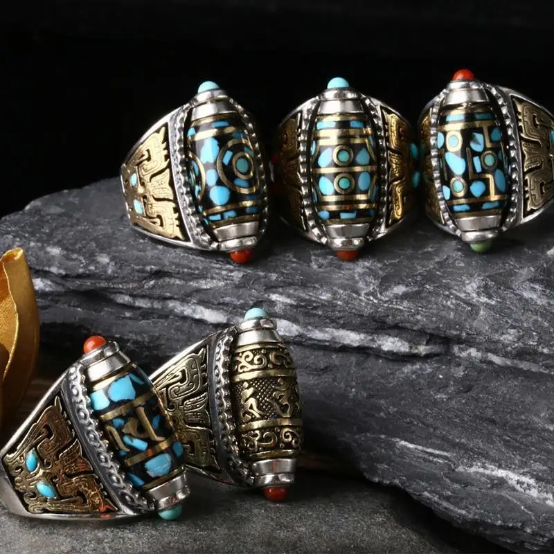 Nine Turns Dzi Open Luck Ring Men Ethnic Rotatable Finger Ring Tibetan Buddhism Six-character Mantra Jewelry Accessories