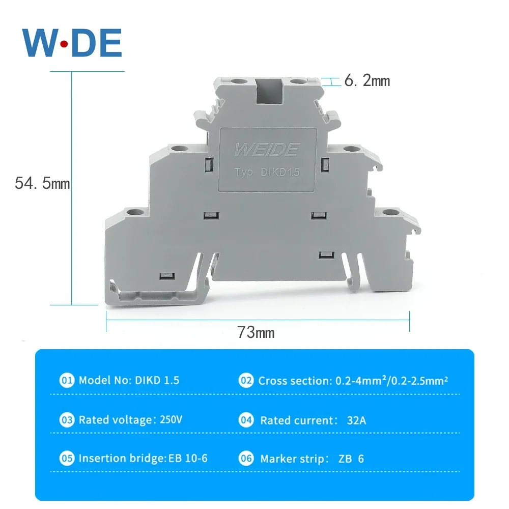 DIKD-1.5 Din Rail Terminal Block Three Layer 3 Level Sensor Actuator Triple Wire Connector DIKD1.5 Wire Conductor 10Pcs