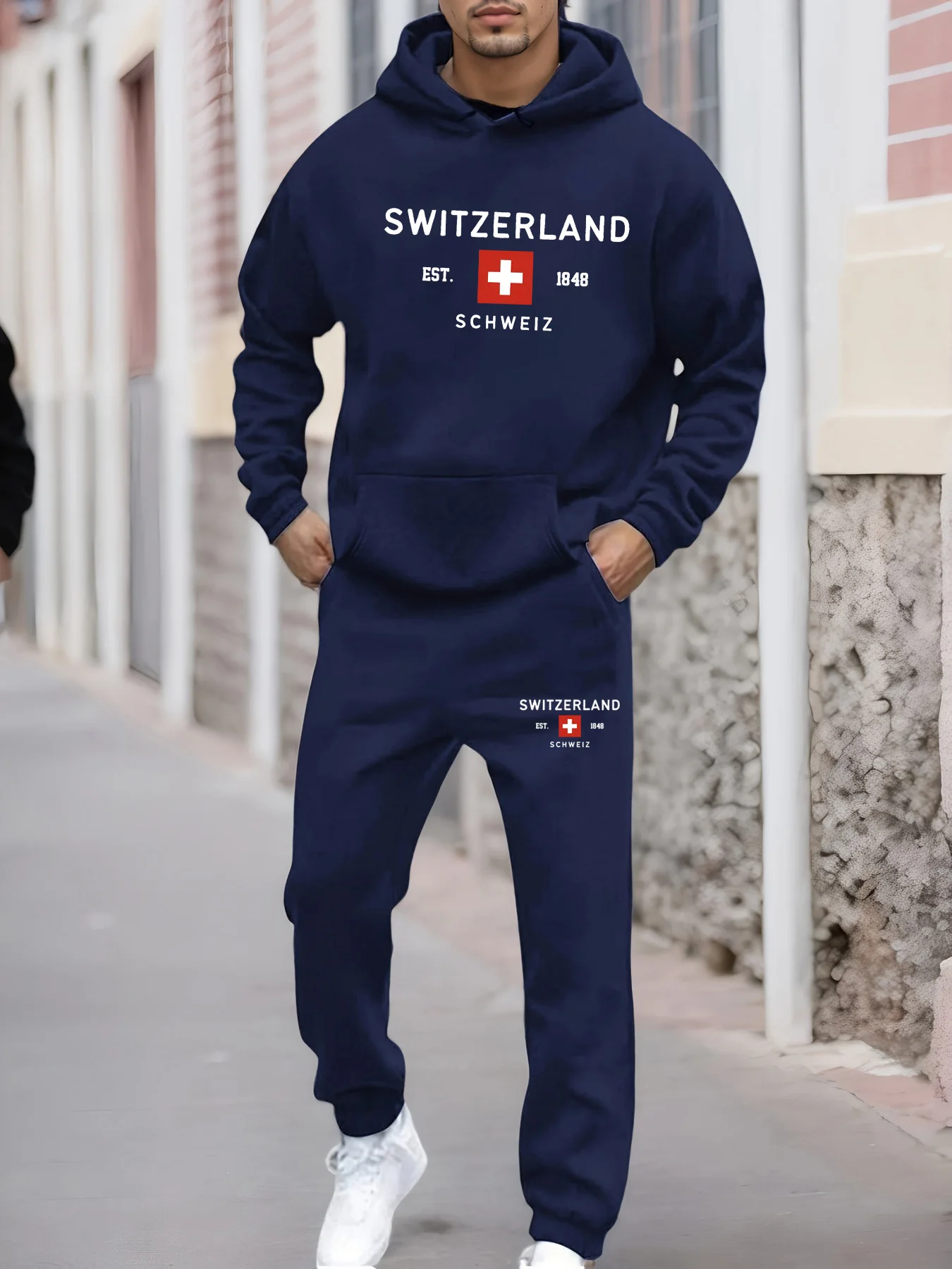 

Мужская осенне-зимняя повседневная модная теплая свободная бархатная толстая толстовка с принтом SWITZERLAND + комплект спортивных штанов