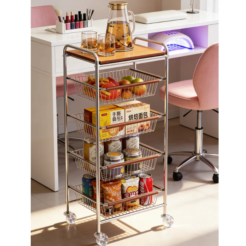 Nordic Multi Layer Pull Out Basket Storage Cart Solid Wood Top Electroplated Lockable Wheels Kitchen Living Room Small Space