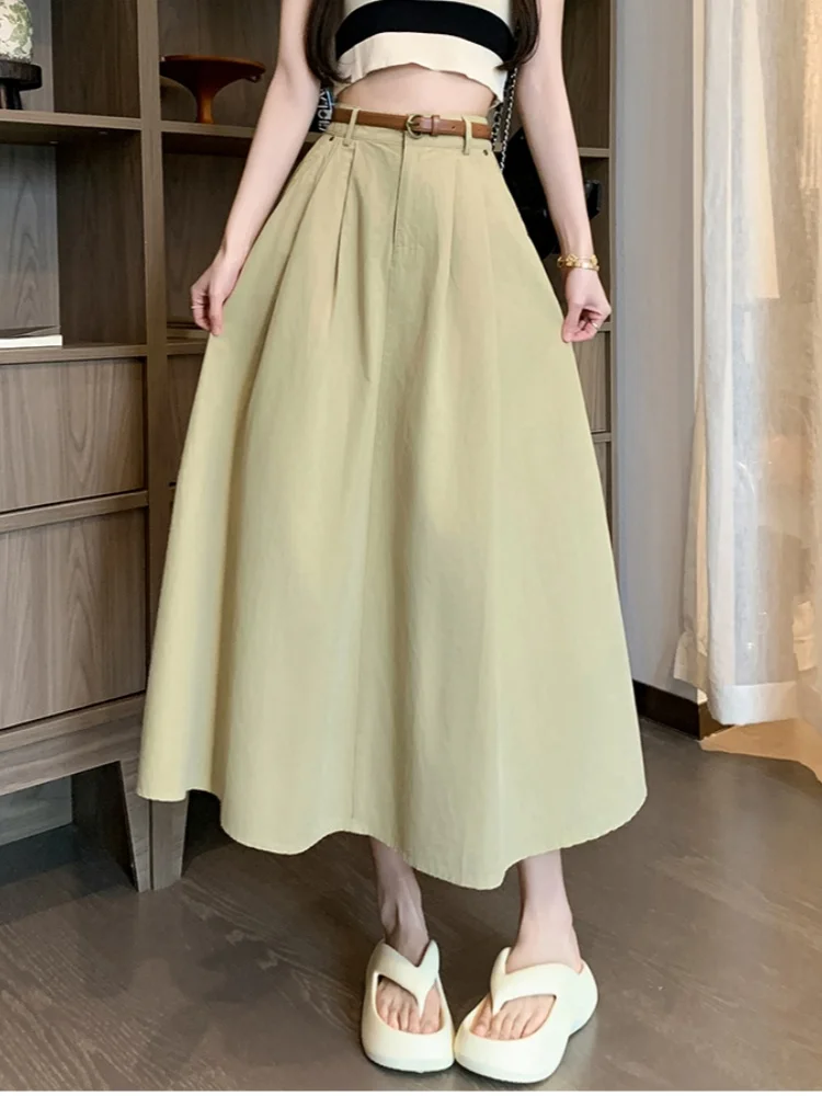 

SMTHMA Women's New Autumn Winter Pleated High Waist Midi Umbrella Skirt Korean Elegant Chic Solid Long Skirt With Belt