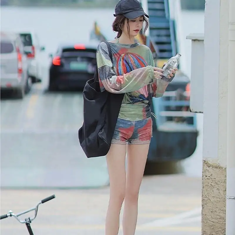 

Women Bathing Suit Push Up Swimwear 3 Pcs Swimsuit with Long Sleeves Cover Up Korean Styles Swimming Costume Set