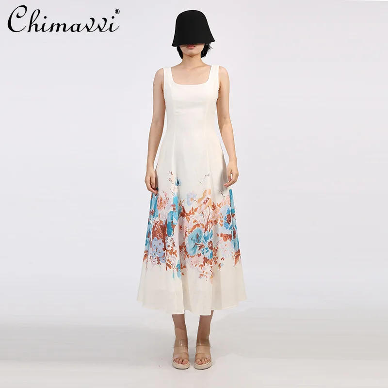 

French Elegant Casual Summer Dress Square Neck Sleeveless Fashion Print Sexy Backless High Waist Slim A-line Long Dress Women