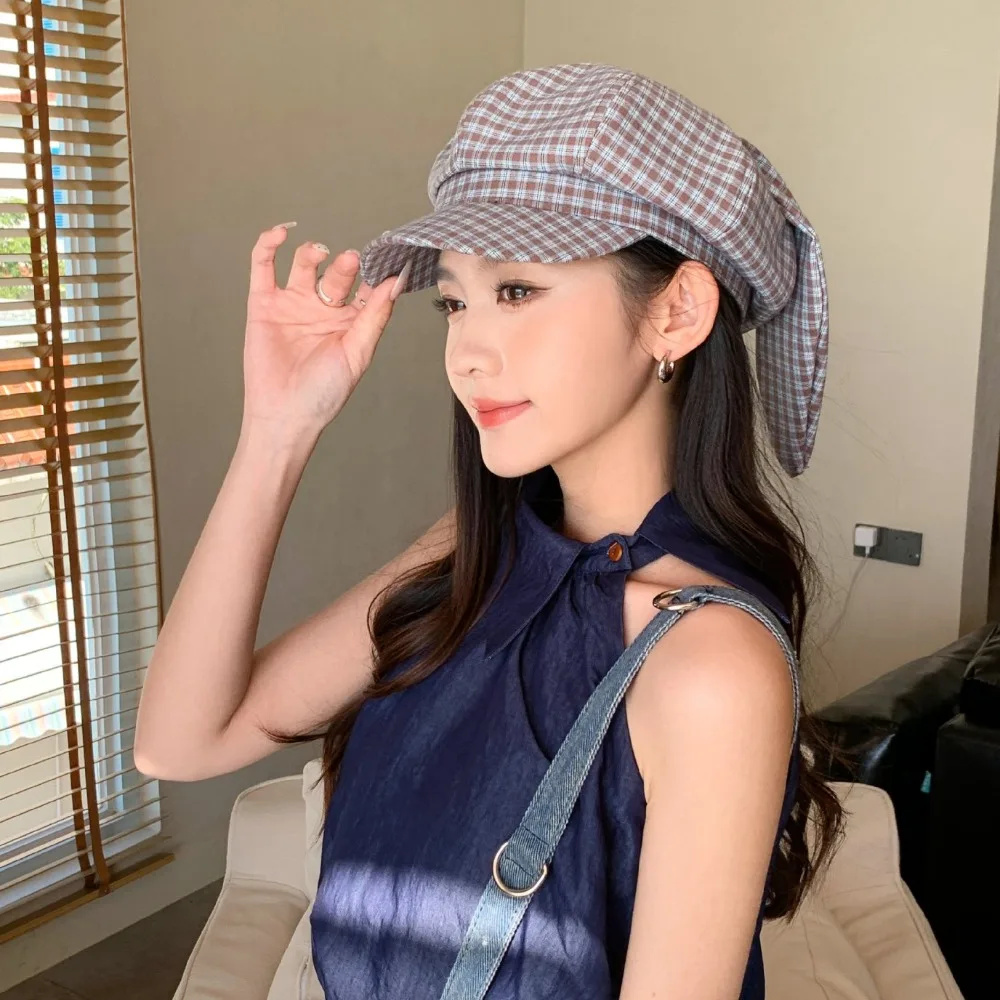 Cute Long Rabbit Ears Octagonal Hat Big Head circumference Korean Style Newsboy Cap Versatile Plaid Berets For Spring Summer