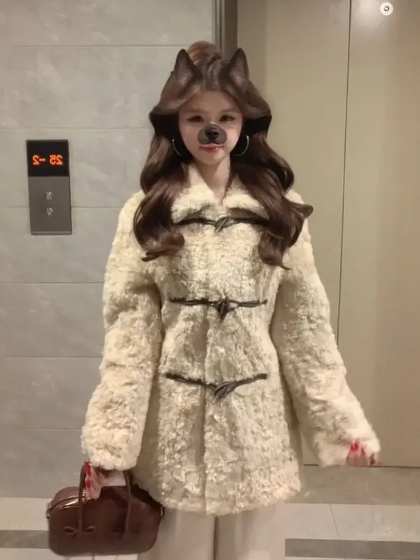 

Retro High-End Lamb Fur Cotton Jaet Sli Faionable Button-Up Outerwear Spring 2025 Korean Sle Slim Fit Knitted