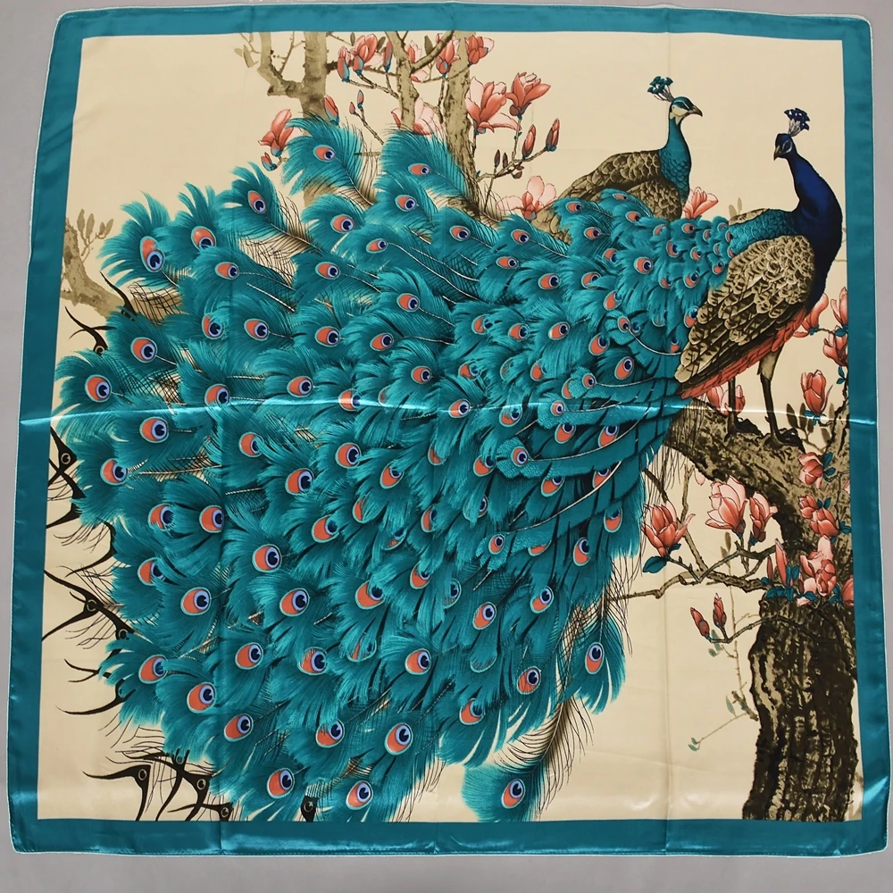 BYSIFA|Blue Peacock Silk Shawl Women Summer Beach Shawl Fall Winter Neck Head Scarf Scarf Fashion Brand Spring Silk Scarf Hijab