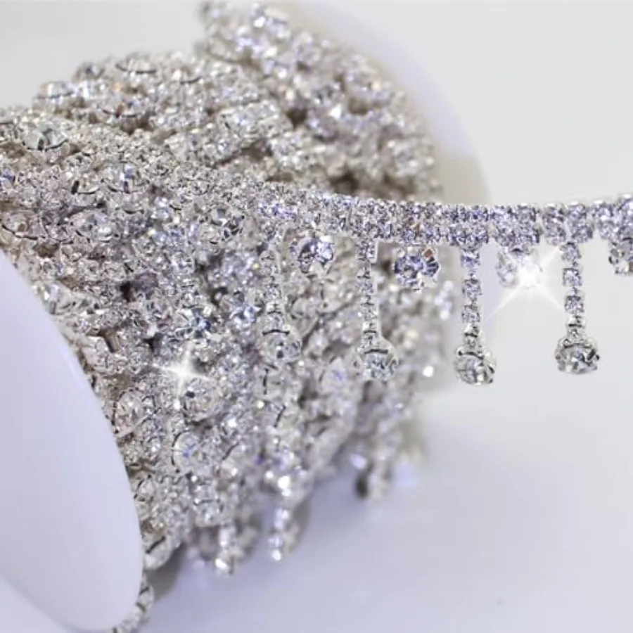 

1 Yards Rhinestone Trim Crystal Rhinestone Chain Sliver Fringe Sewing Dress DIY Party Wedding Bouquet for Decoration Bridal Cos