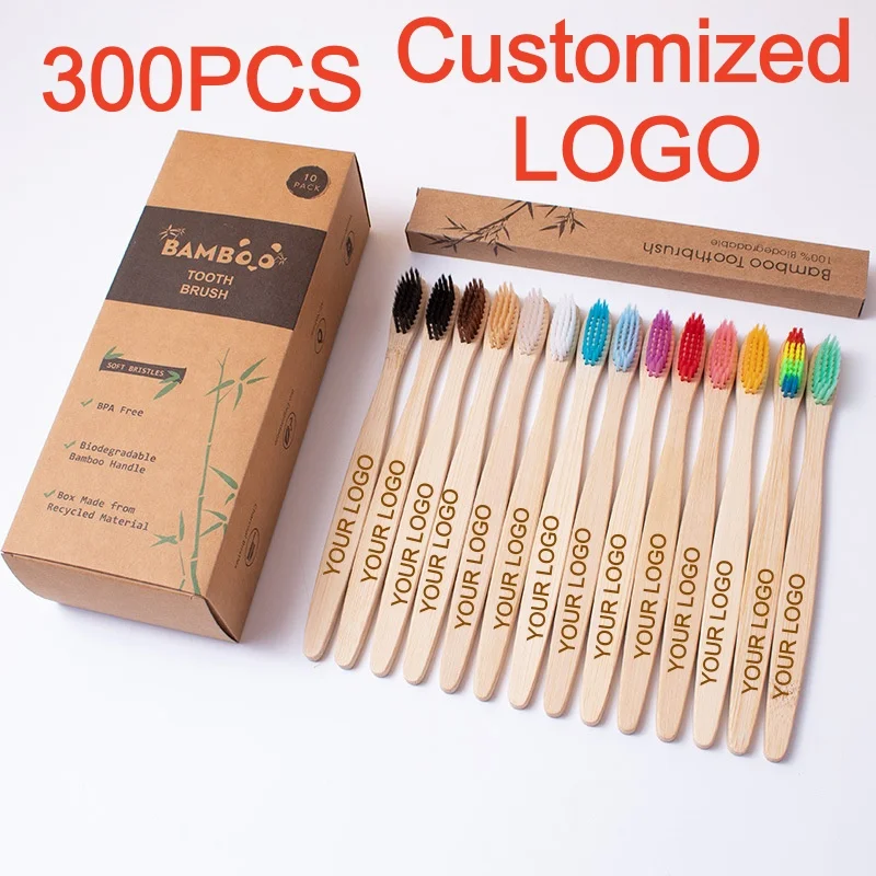 

300PACK Biodegradable Bamboo Toothbrushes Customized Your Logo Non Plastic Toothbrush Natural Wooden for Dental Hospital
