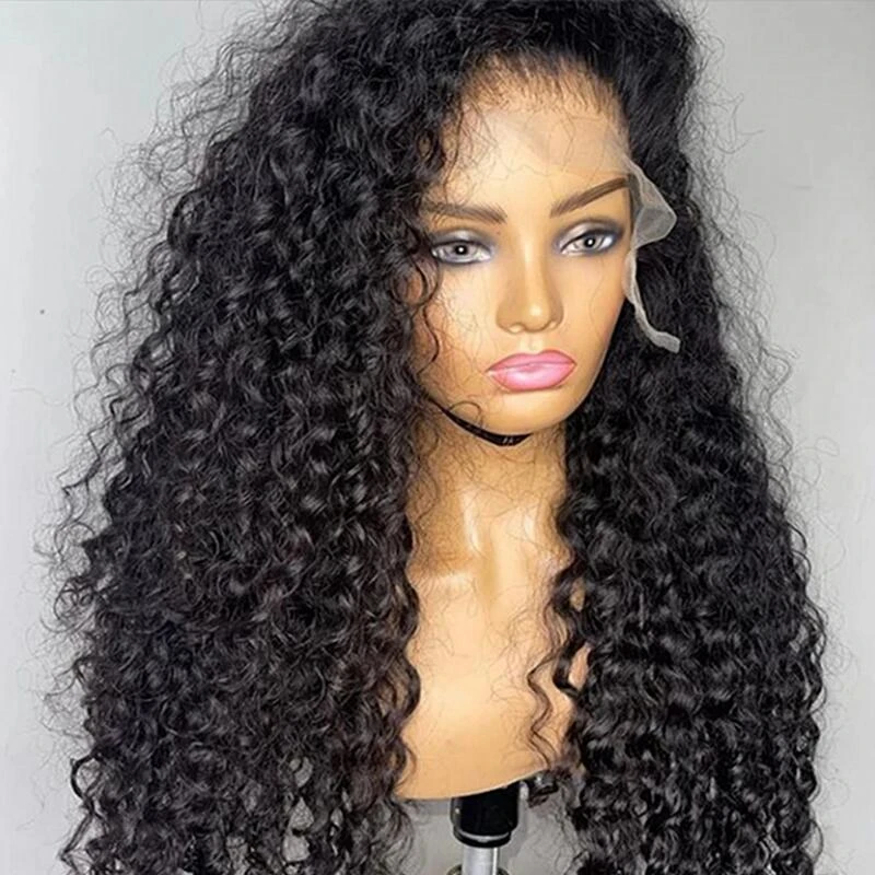 Soft Long 26Inch Natural Black 180Density Kinky Curly Lace Front Wig For Black Women Baby Hair Preplucked Daily Glueless Wig