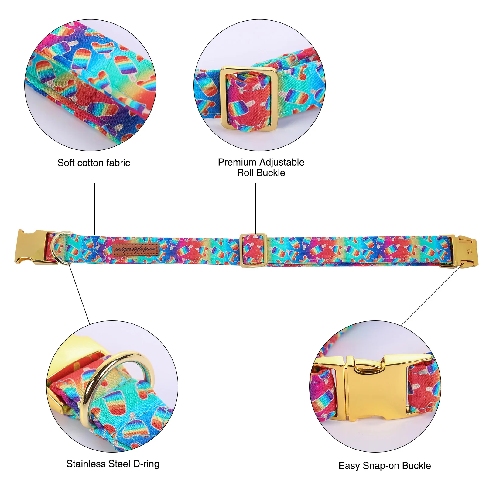 Unique Style Paws LGBTQ Dog Collar-Cute Rainbow Popsicle Dog Collar with Bow for Small Medium Large Dog