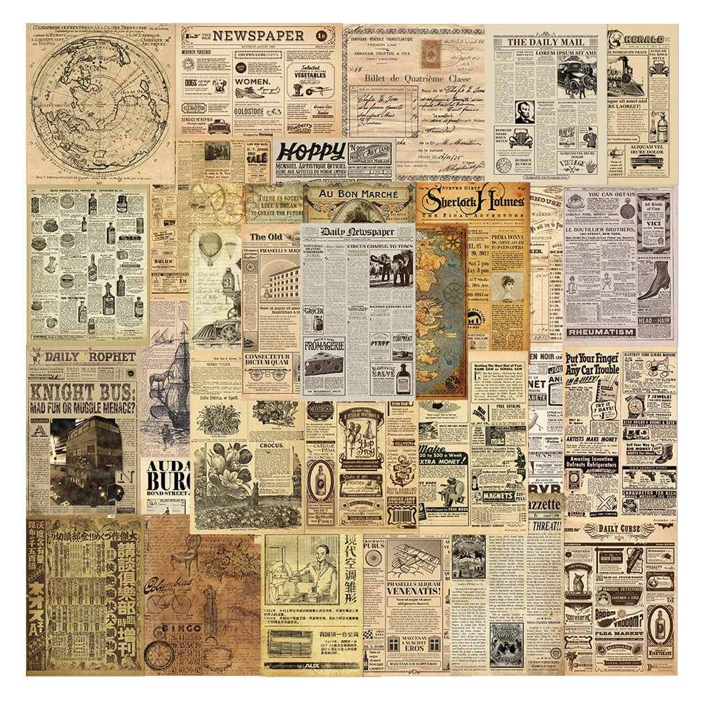 10/35pcs Parchment Newspaper Map Vintage Stickers for Phone Case Laptop Water Bottle Motorcycle Graffiti PVC Sticker Decals Pack