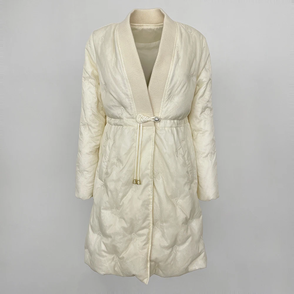 Veste longue en duvet de canard blanc pour femme avec broderie à col en V, manteau femme mince, 2024 duvet de canard, streetwear de marque, style chinois, 90%