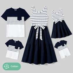 PatPat Family Matching Striped Panel Belted Tank Dresses and Cotton Colorblock Short-sleeve T-shirts Sets