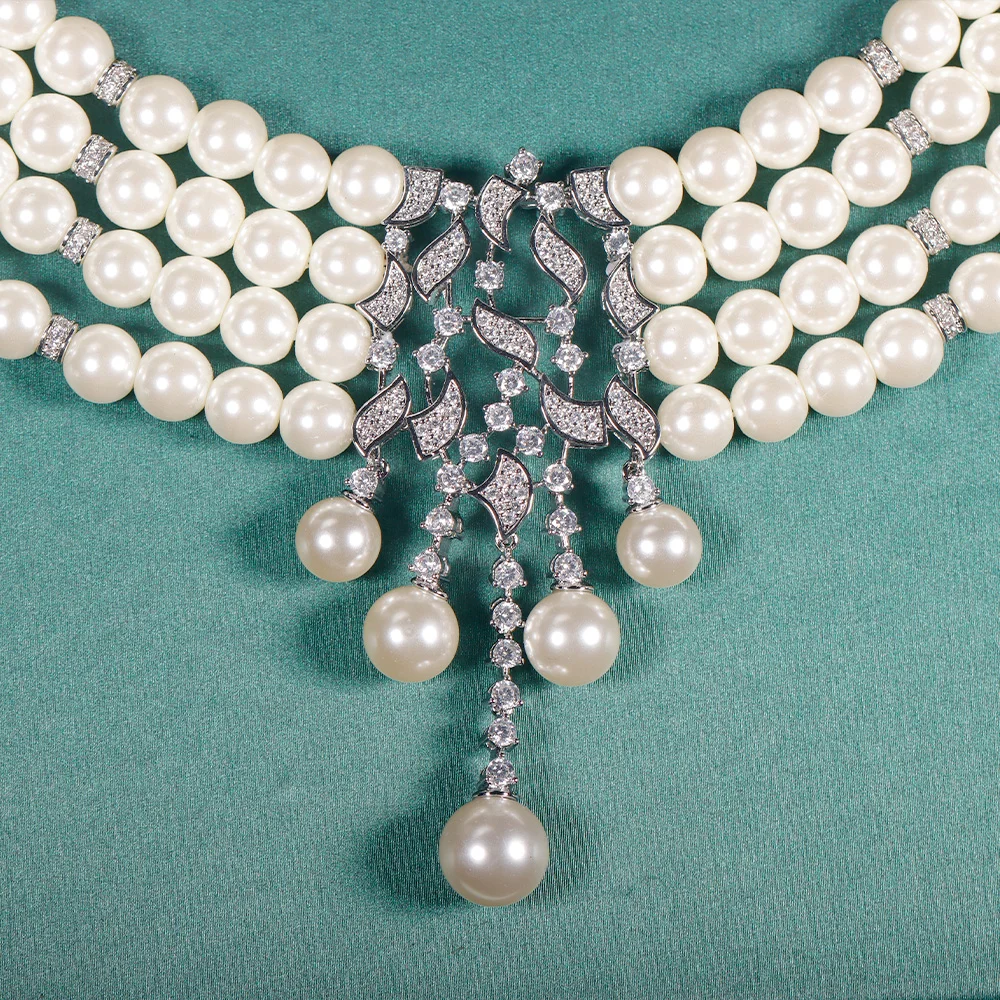Trendy Choker Imitation Pearl Choker Elegant Cubic Zirconia Necklace 4PCS High Quality Dubai Women Bride Wedding Jewelry