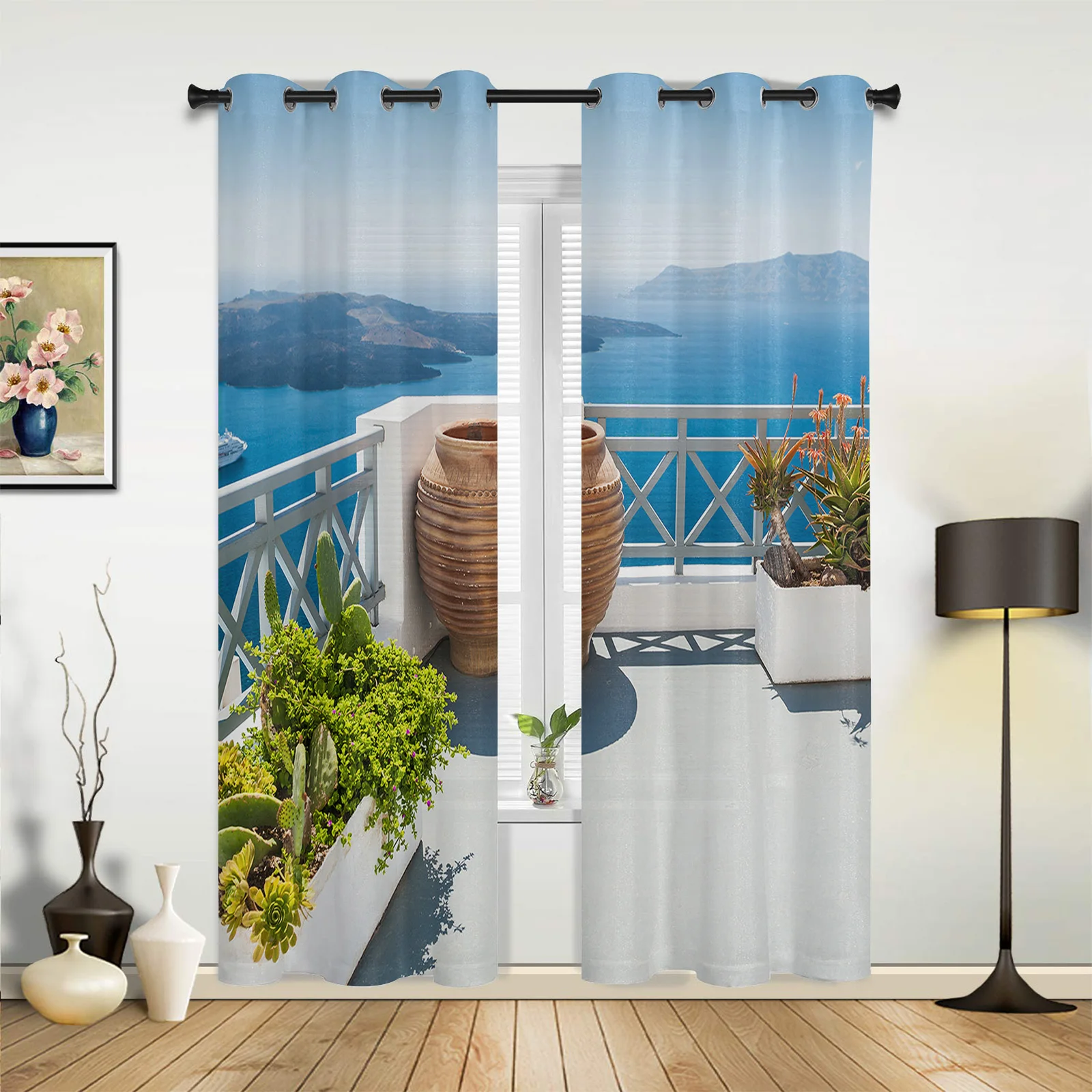 Seaside Island Boat Clay Pot Potted Cactus Childrens' Room Curtain Hall Living Room Window Curtain Gift Large Finished Curtain