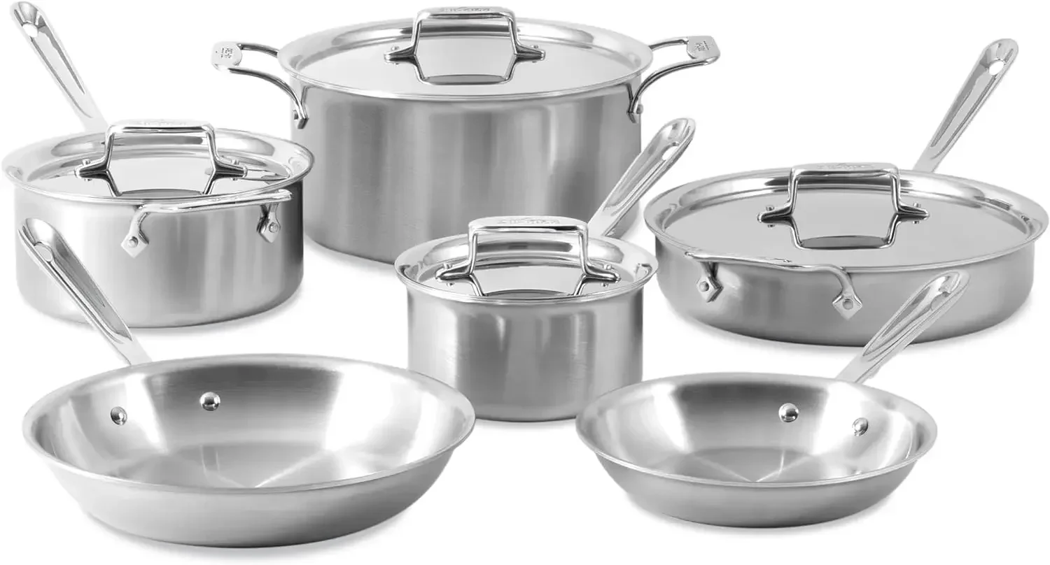 D5 5-Ply Brushed Stainless Steel Cookware (Set of 10 Piece) Induction Oven Broiler Safe 600F Pots and Pans Silver